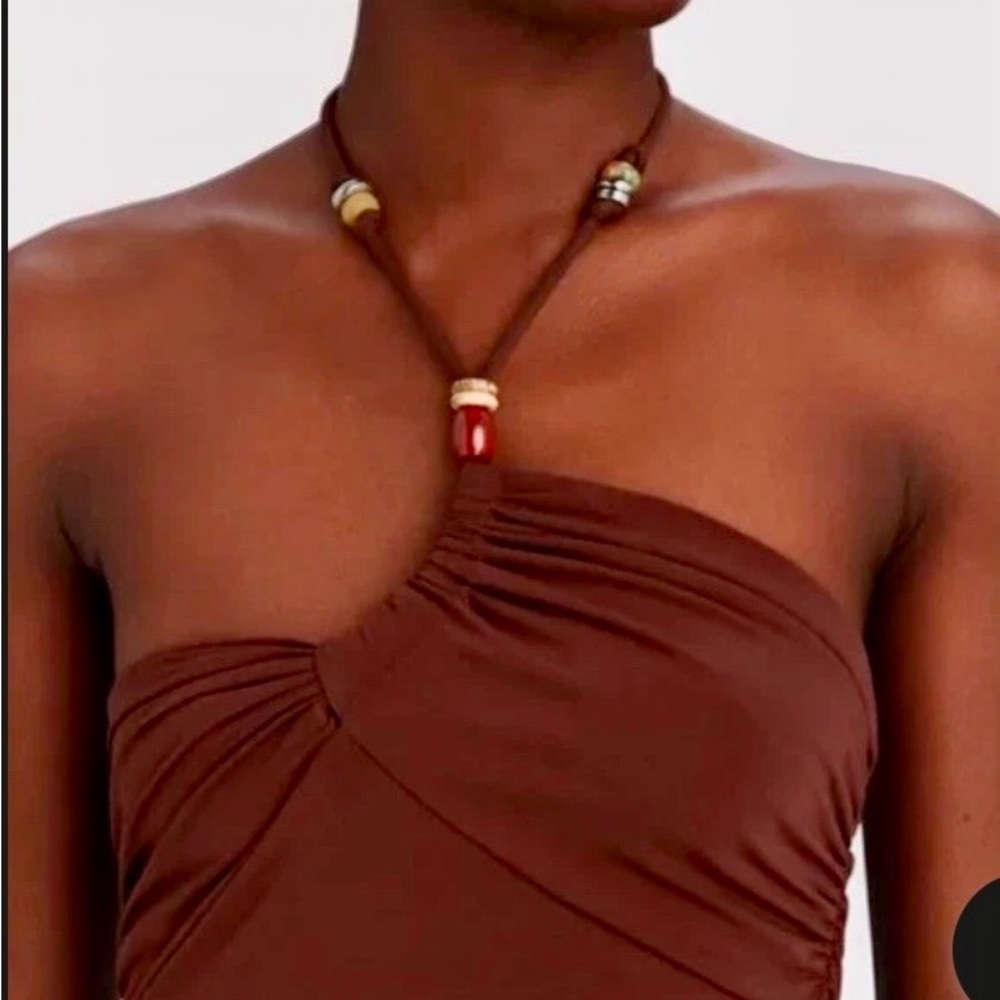 A.L.C. Gabi Asymmetrical Halter Beaded Brown Strapless Top